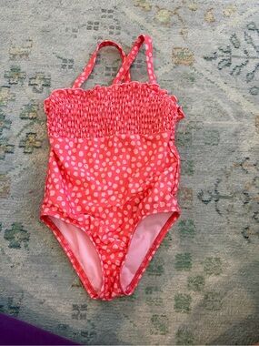 Girls' Pink Smocked One-Piece Swimsuit with Heart Dots